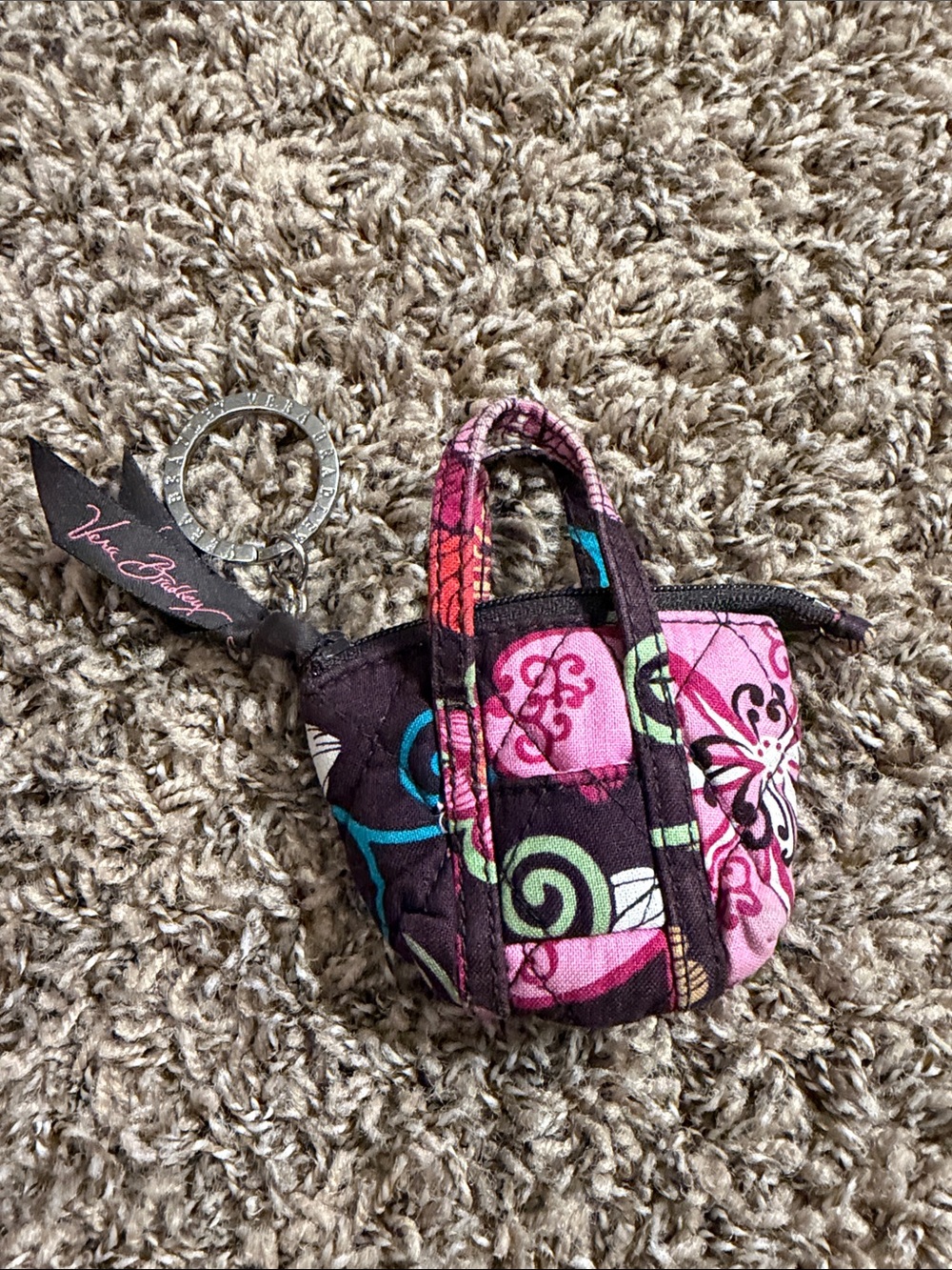Vera Bradley Pink Floral Quilted Mini Tote Keychain with Teal & Lime Accents